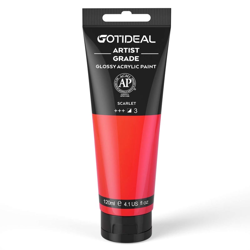 GOTIDEAL Acrylic Paint Scarlet Red Tubes(120ml, 4.1 oz) Non Toxic Non Fading,Rich Pigments for Painters, Adults & Kids, Ideal for Canvas Wood Clay Fabric Ceramic Craft Supplies (Scarlet - Image 1